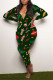 Green Casual Living Print Basic V Neck Regular Jumpsuits
