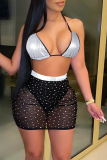 Red Sexy Solid Sequins Mesh Halter Sleeveless Two Pieces