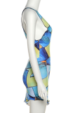 Blue Sexy Print Patchwork V Neck Irregular Dress Dresses