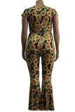 Yellow Polyester Fashion adult Ma'am Sweet V Neck Floral Print Two Piece Suits Floral Plus Size