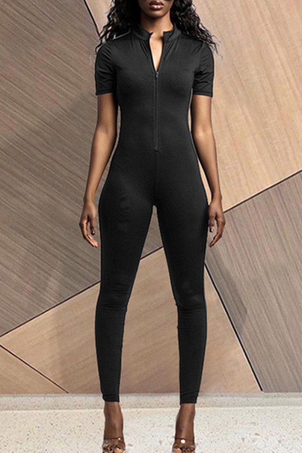 Black Fashion Casual Solid Basic Zipper Collar Skinny Jumpsuits
