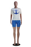 Blue Fashion Casual Print Basic O Neck Short Sleeve Two Pieces