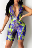 Blue Fashion Casual Print Basic Zipper Collar Regular Rompers