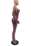 Pink Casual Plaid Draw String Spaghetti Strap Skinny Jumpsuits