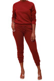 Red Fashion Daily Adult Polyester Solid Draw String O Neck Long Sleeve Regular Sleeve Regular Two Pieces