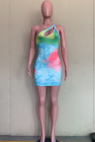 Multicolor Sexy Print Tie Dye Hollowed Out Backless One Shoulder Sleeveless Dress