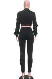 Black Sexy Solid Two Piece Suits pencil Long Sleeve Two-piece Pants Set