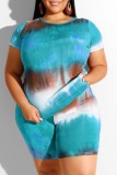Red Polyester Fashion Casual O Neck Tie Dye Plus Size