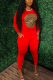 Red Casual Solid Patchwork O Neck Nine Points Sleeve Two Pieces