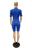 Blue Fashion Casual Solid Basic Zipper Collar Skinny Romper