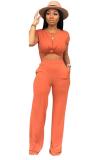 Orange Polyester Casual Fashion Bandage crop top Solid Straight Two-piece Pants Set