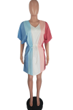 Multicolor Casual Striped Patchwork Draw String V Neck Pleated Dresses
