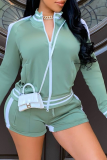 Mint green Casual Solid Split Joint Turndown Collar Long Sleeve Two Pieces