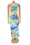 Red Fashion Sexy Print Backless Slit Spaghetti Strap Sleeveless Dress