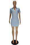 Sky Blue Fashion Casual Striped Print Basic V Neck Short Sleeve Dress