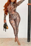 Multicolor Fashion Sexy Print See-through O Neck Long Sleeve Two Pieces