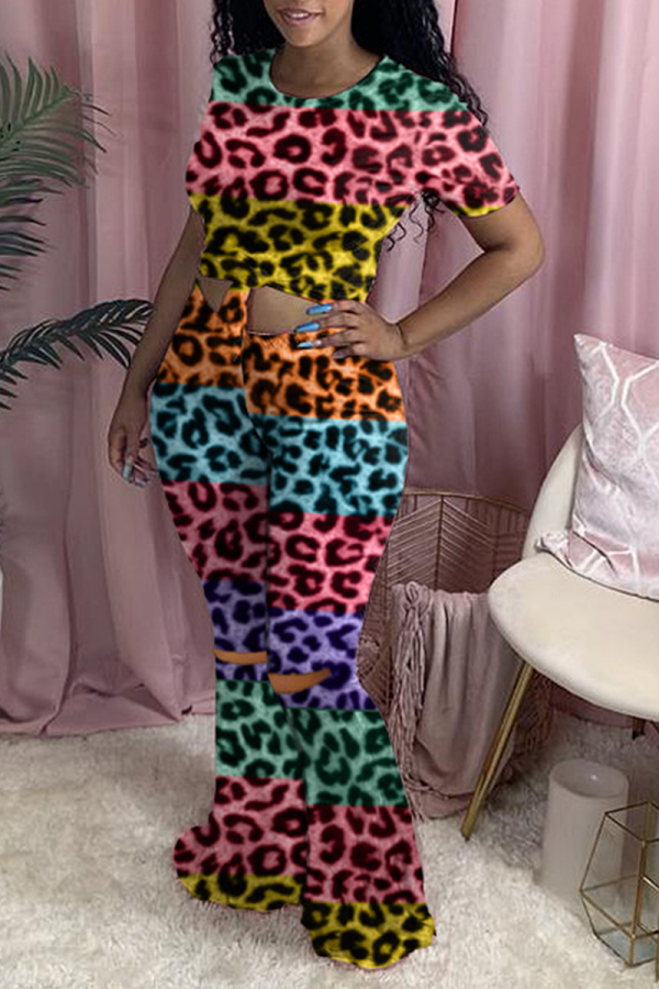 Multicolor Sexy Leopard Patchwork O Neck Short Sleeve Two Pieces