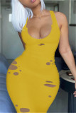 Yellow Fashion Sexy Solid Ripped Hollowed Out V Neck Vest Dress