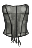 Black Sweet Patchwork See-through Backless Mesh Strapless Mid Waist Tops