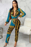 multicolor Sexy Print Button Polyester Long Sleeve Turndown Collar Jumpsuits