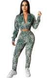 Grass Green Polyester Sexy Two Piece Suits Print Patchwork Zippered Skinny Long Sleeve