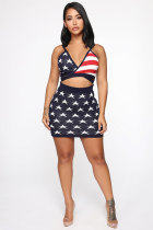 Navy Blue Polyester Fashion Sexy Patchwork Print Hip skirt Two-Piece Dress