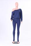 Color blue Polyester Europe and America Fashion adult Solid Two Piece Suits Patchwork backless pencil Long Slee