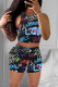 Black Fashion Sexy Print Basic O Neck Sleeveless Two Pieces