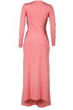 Pink Fashion British Style Adult Polyester Solid Slit O Neck Long Sleeve Regular Sleeve Long Two Pieces