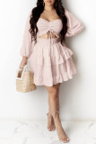 Pink Sexy Casual Solid Hollowed Out Off the Shoulder Long Sleeve Dresses