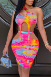 Rose Red Sexy Print Tie Dye Hollowed Out Backless Asymmetrical One Shoulder Sleeveless Two Pieces
