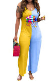 Light Blue Fashion Casual Patchwork Lip Polyester Sleeveless Slip Jumpsuits