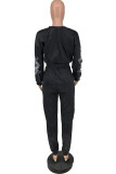 Black Casual Print Patchwork Beading O Neck Long Sleeve Two Pieces