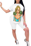White Fashion Sexy adult Ma'am Patchwork Print head portrait Two Piece Suits pencil Short Sleeve Two Pieces