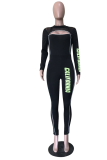 Black Casual Print Letter O Neck Skinny Jumpsuits