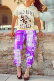 Pink Fashion Casual Plaid Print Basic Regular Mid Waist Trousers