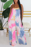 Blue Fashion Sexy Tie-dyed Cotton Sleeveless Wrapped Jumpsuits