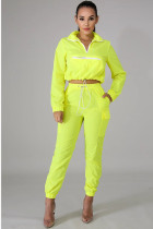 Yellow Polyester Street Patchwork Two Piece Suits Solid Fluorescent pencil Long Sleeve Two-piece Pants Set