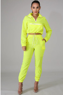 Yellow Polyester Street Patchwork Two Piece Suits Solid Fluorescent pencil Long Sleeve Two-piece Pants Set