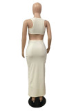 White Sexy Solid Hollowed Out Backless O Neck Sleeveless Dress