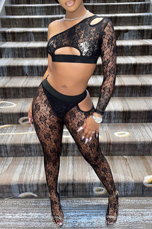 Black Sexy Solid Hollowed Out One Shoulder Long Sleeve Two Pieces