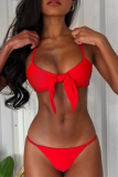 Red Sexy Solid Bandage Split Joint Swimwears