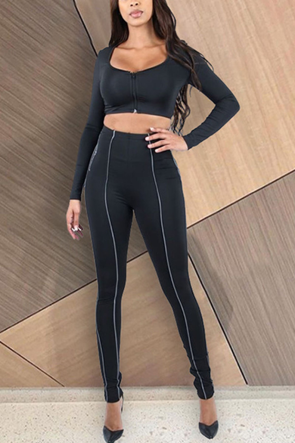 Black Casual Solid Patchwork O Neck Long Sleeve Two Pieces