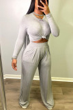 Grey Sexy Casual Solid Split Joint O Neck Long Sleeve Two Pieces