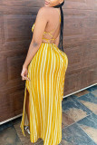 Yellow Fashion Sexy Striped Print Backless Spaghetti Strap Sling Dress