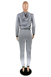 Grey Fashion Casual Solid Split Joint Hooded Collar Long Sleeve Two Pieces