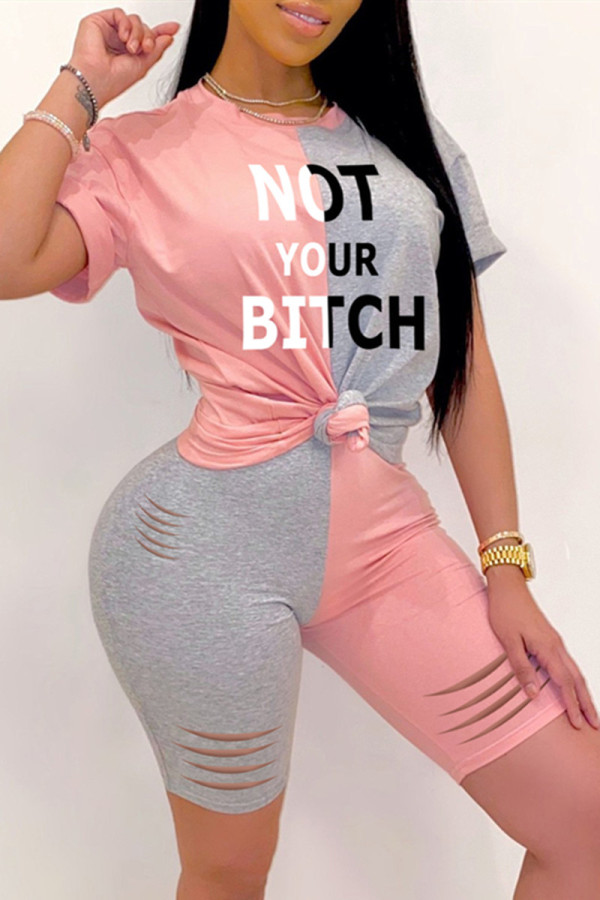 Pink Fashion Casual Letter Print Ripped Patchwork O Neck Short Sleeve Two Pieces