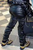 Black Sportswear Solid Fold Boot Cut Mid Waist Bottoms