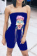 Blue Sexy Casual Print Backless Strapless Skinny Romper