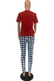 Red Casual Plaid Lips Printed Patchwork O Neck Short Sleeve Two Pieces